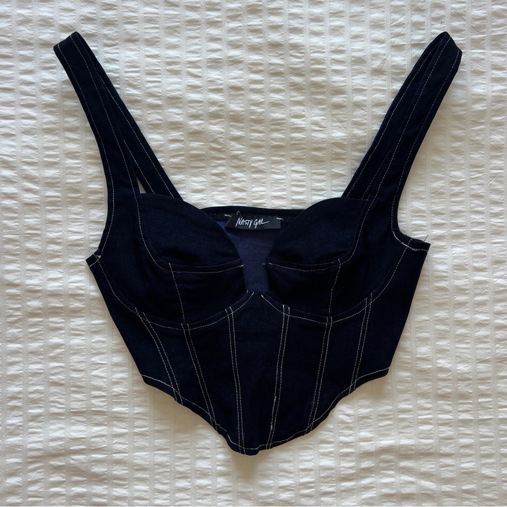 Nasty Gal Dark Wash Faux Denim Bustier Style Crop Top, S
